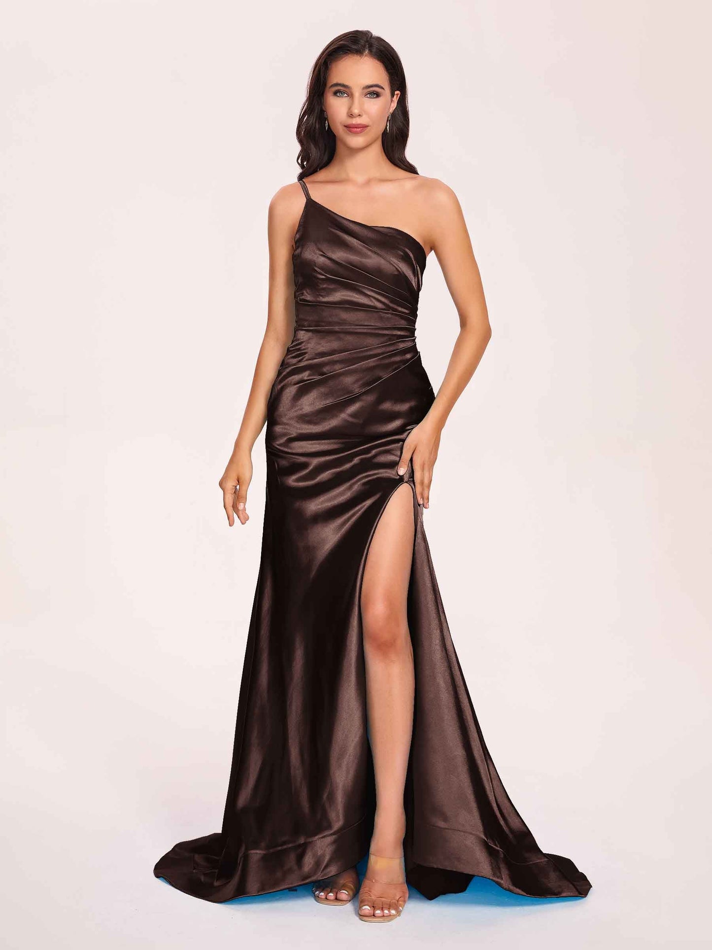 Satin One-shoulder Mermaid Prom Dresses Side Slit Pleats Floor Length