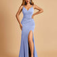 Jersey Mermaid Bridesmaid Dresses Spaghetti Straps V-neck Side Slit Pleats Floor Length