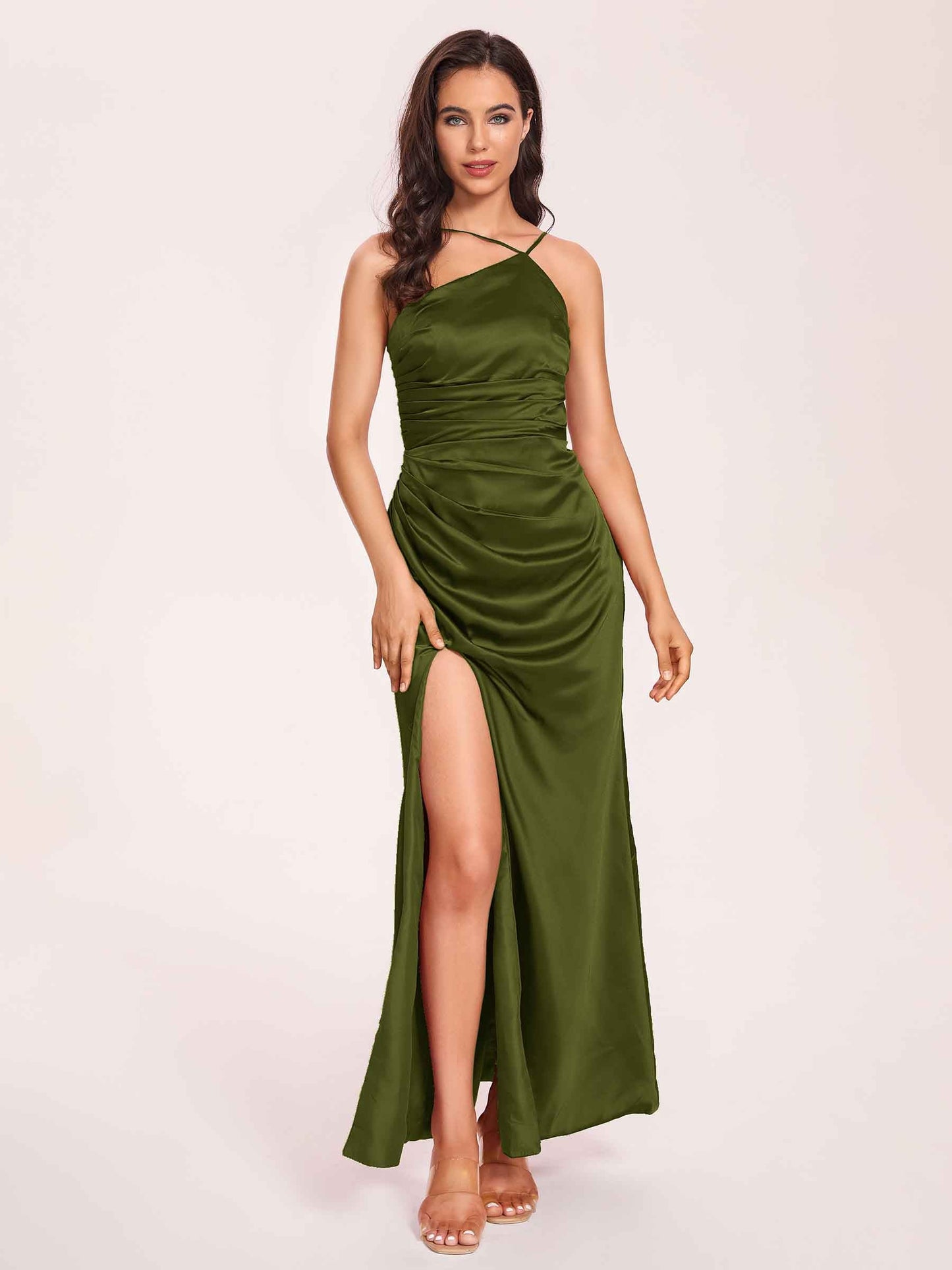 Satin Halter Pleats Sheath Prom Dresses Side-Slit Floor Length Sleeveless