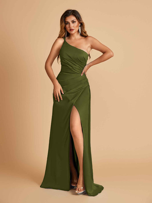 Satin One Shoulder Sheath Bridesmaid Dresses Spaghetti Straps Side Slit Floor Length