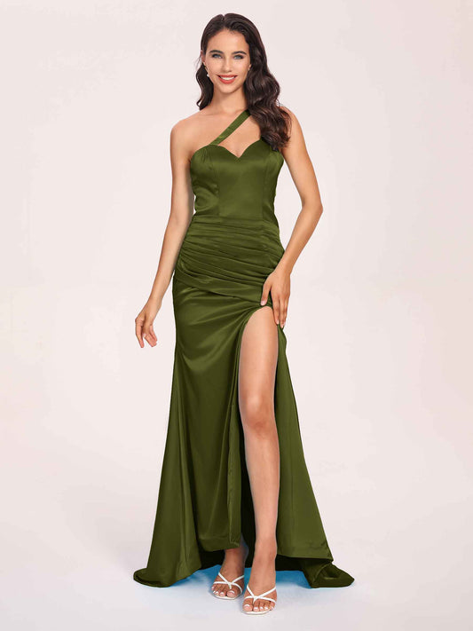 Sexy Satin One-shoulder Bridesmaid Dresses Side Slit Sheath Floor Length Long