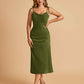 Sexy Satin Midi Prom Dresses Spaghetti Straps Slip Scoop Side Slit