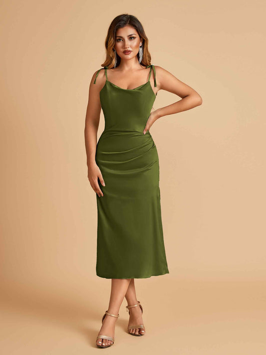 Sexy Satin Midi Prom Dresses Spaghetti Straps Slip Scoop Side Slit