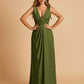 Sexy Satin Deep V-neck Long Bridesmaid Dresses A-line Pleats Sleeveless Floor Length