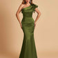 Satin One-shoulder Bridesmaid Dresses Ruffle Sleeves Mermaid Floor Length For Sale