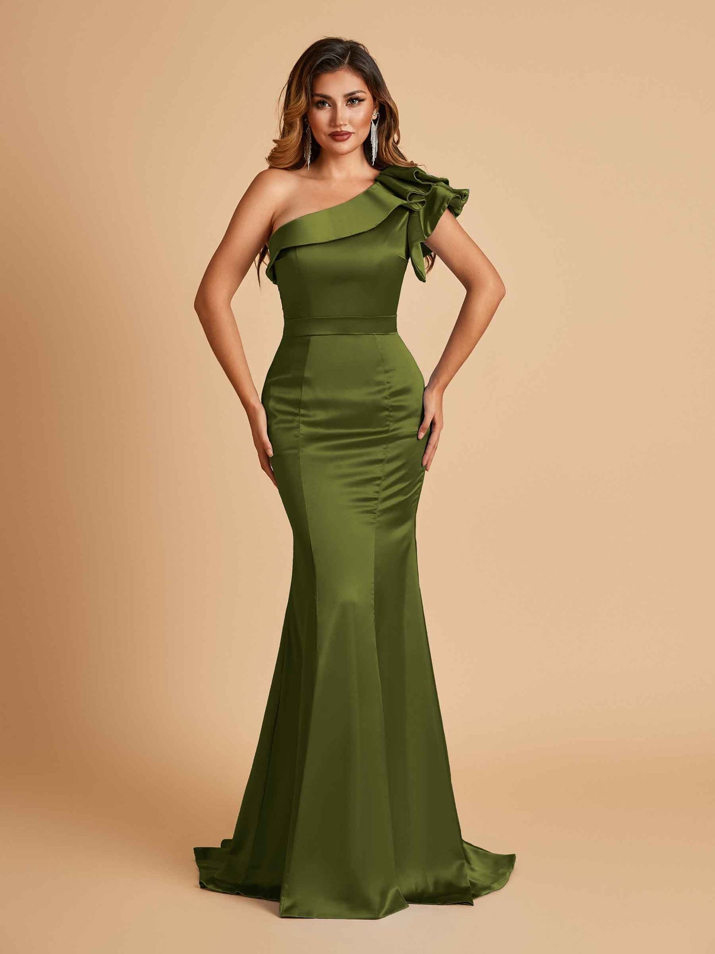 Satin One-shoulder Bridesmaid Dresses Ruffle Sleeves Mermaid Floor Length For Sale