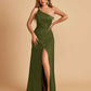 Satin One Shoulder Sheath Prom Dresses Spaghetti Straps Side Slit Floor Length