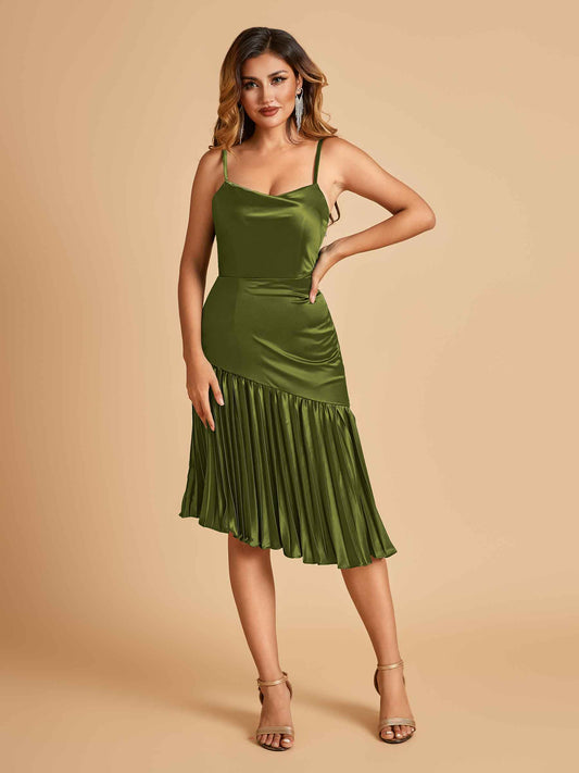 Sexy Satin Midi Asymmetrical Bridesmaid Dresses Spaghetti Straps Mermaid With Ruffles