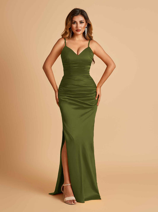Satin Mermaid Long Bridesmaid Dresses Spaghetti Straps V-neck Side Slit Floor Length