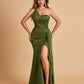 Satin One Shoulder Mermaid Bridesmaid Dresses Side Slit Floor Length