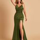 Sexy Satin Mermaid Prom Dresses Spaghetti Straps V-neck Side Slit Half Open Back