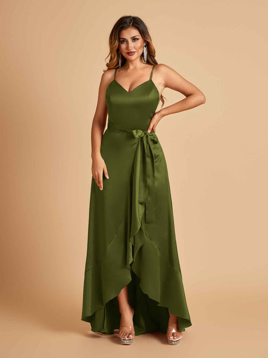 Satin Asymmetric V-neck Bridesmaid Dresses Sleeveless Side Slit A-line Unique