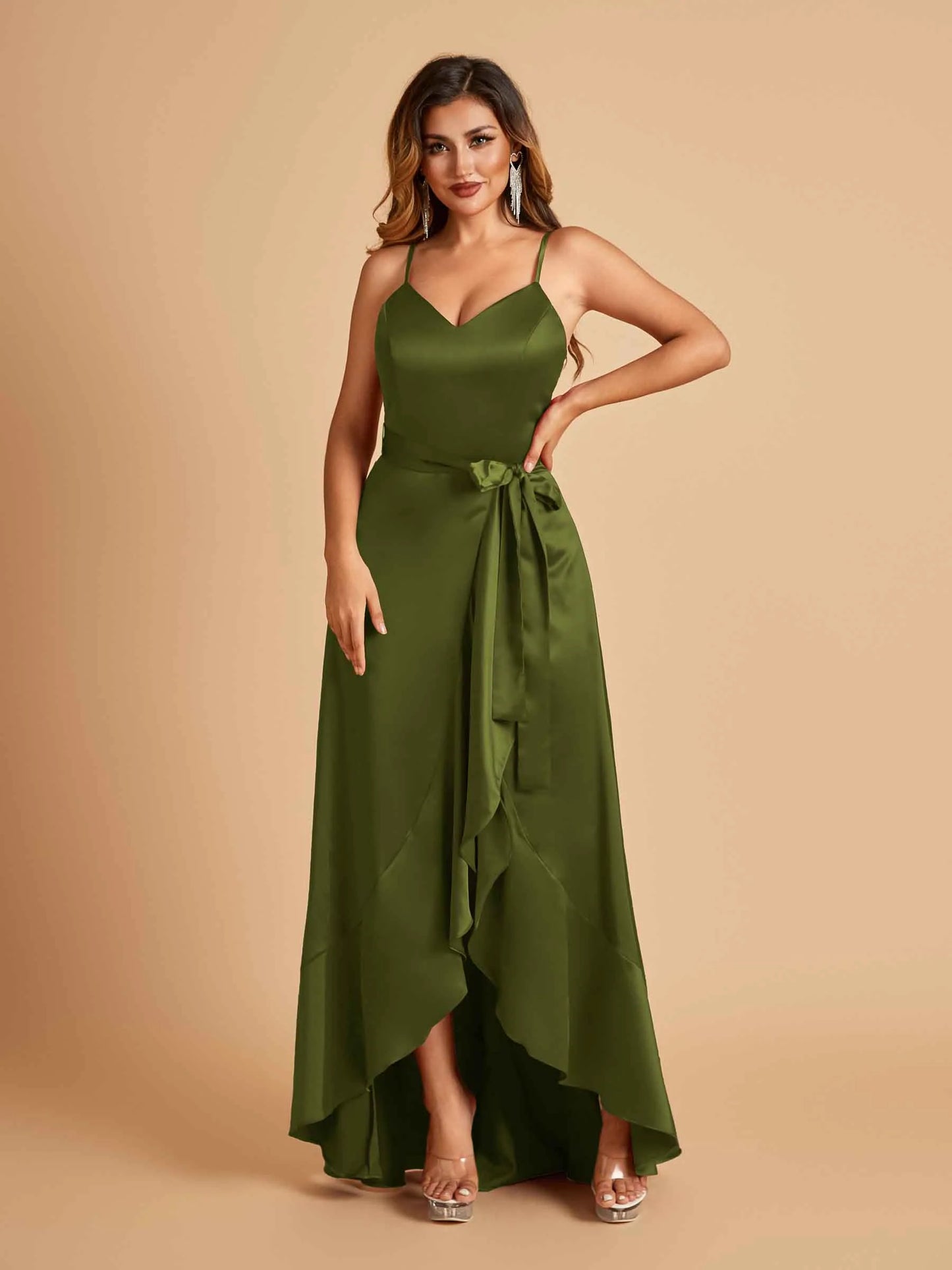 Satin Asymmetric V-neck Bridesmaid Dresses Sleeveless Side Slit A-line Unique For Sale