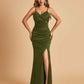 Sexy Satin Mermaid Bridesmaid Dresses Spaghetti Straps V-neck Side Slit Floor Length