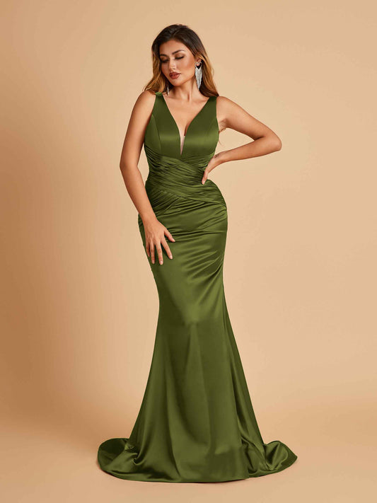 Sexy Satin Criss-cross Back Bridesmaid Dresses Mermaid Deep V-neck Back Pleats Floor Length