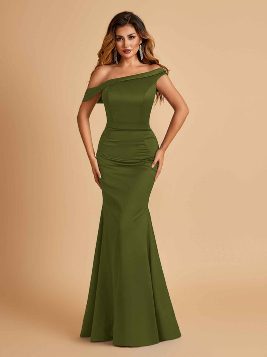Charming Satin Off Shoulder Mermaid Prom Dresses Straps Floor Length