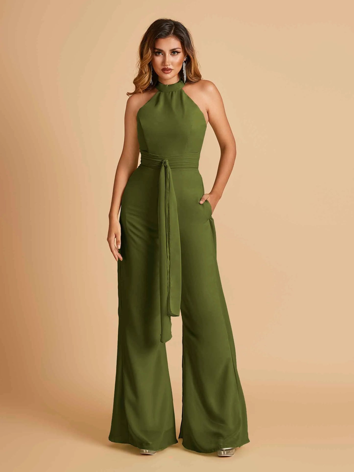 Chiffon Bridesmaid Jumpsuit Jewel Neck Sleeveless Floor Length With Pockets For Sale