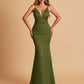 Satin Deep V-neck Mermaid Prom Dresses Open Back Floor Length