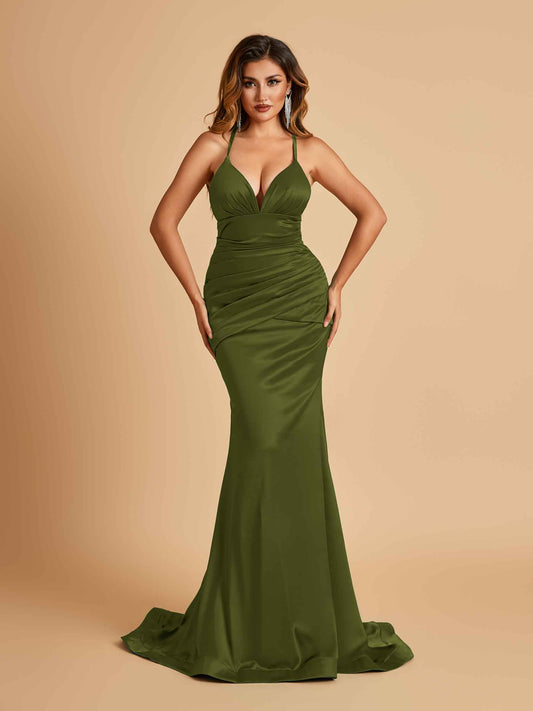 Satin Mermaid Open-back Bridesmaid Dresses Spaghetti Straps V-neck With Pleats Floor Length