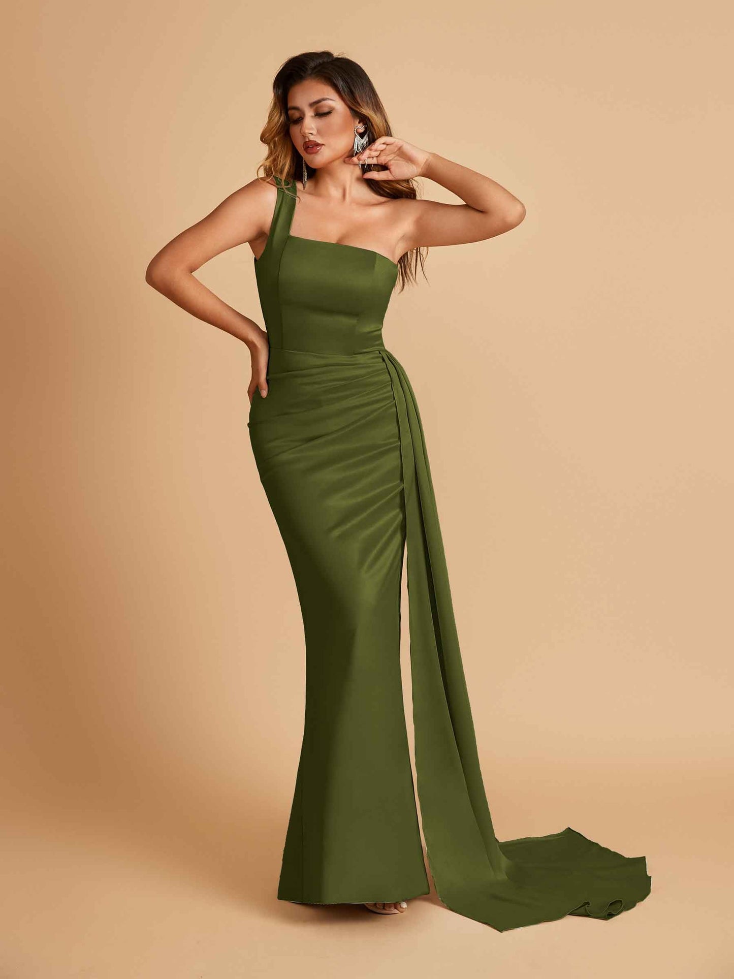 Sexy Satin One Shoulder Mermaid Prom Dresses Pleats Floor Length