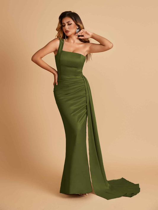 Sexy Satin One Shoulder Mermaid Prom Dresses Pleats Floor Length