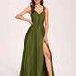 Satin V-neck A-line Prom Dresses Side slit Floor Length