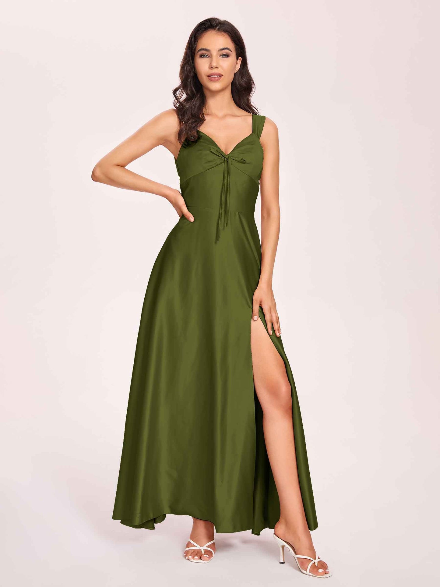Satin V-neck A-line Prom Dresses Side slit Floor Length