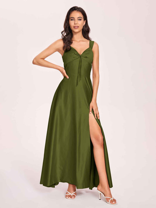 Satin V-neck A-line Prom Dresses Side slit Floor Length