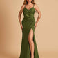 Sexy Satin Sheath Bridesmaid Dresses Spaghetti Straps V-neck Side Slit Floor Length