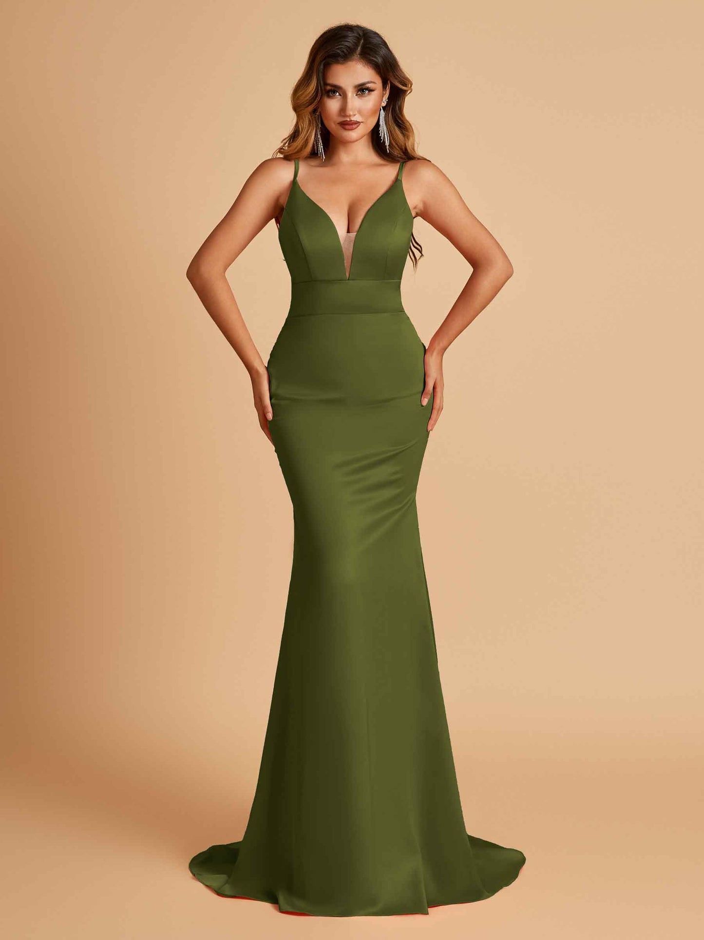 Satin Deep V-neck Mermaid Bridesmaid Dresses Open Back Floor Length