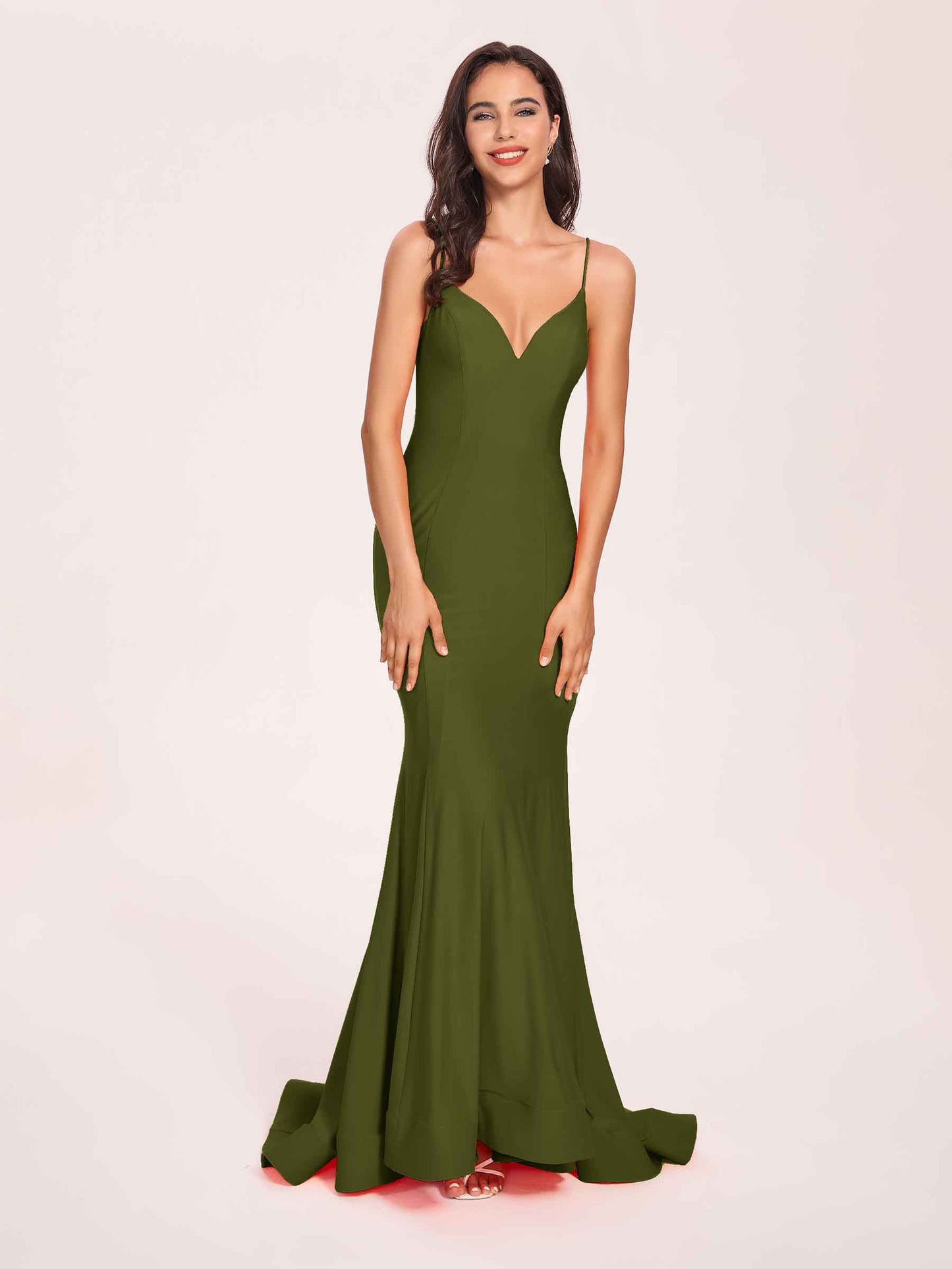 Sexy Satin Mermaid Prom Dresses Spaghetti Straps V-neck Floor Length Lace-up Back