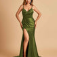 Satin Mermaid V-neck Bridesmaid Dresses Spaghetti Straps Side Slit Floor Length