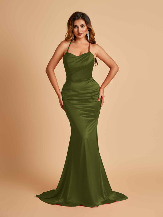 Sexy Satin Mermaid Bridesmaid Dresses Spaghetti Straps Scoop Criss-cross Back