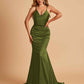 Sexy Satin Mermaid Prom Dresses Spaghetti Straps V-neck Pleats Floor Length