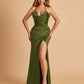 Sexy Satin Halter Straps Sheath Prom Dresses Side Slit Pleats Floor Length