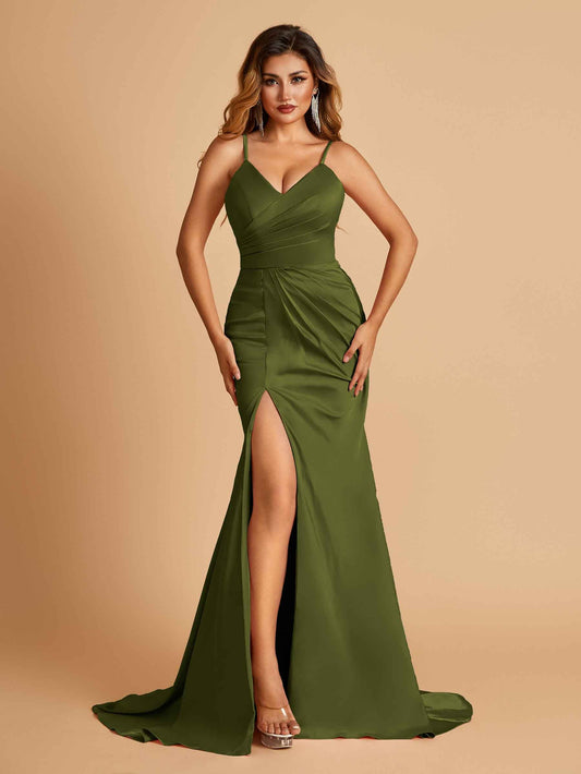 Sexy Mermaid Prom Dresses Spaghetti Straps Satin Side Slit Pleats Floor Length