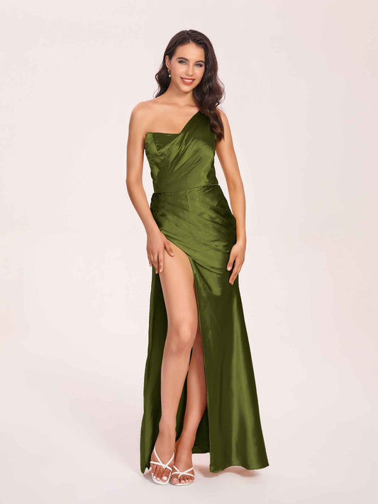 Sexy Satin One-shoulder Prom Dresses Side Slit Sheath Floor Length Long