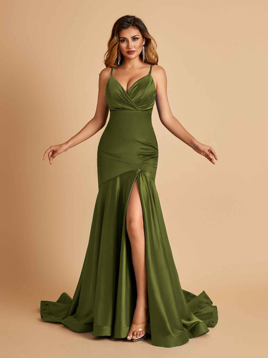 Sexy Satin Mermaid Open Back Bridesmaid Dresses Spaghetti Straps V-neck Side Slit