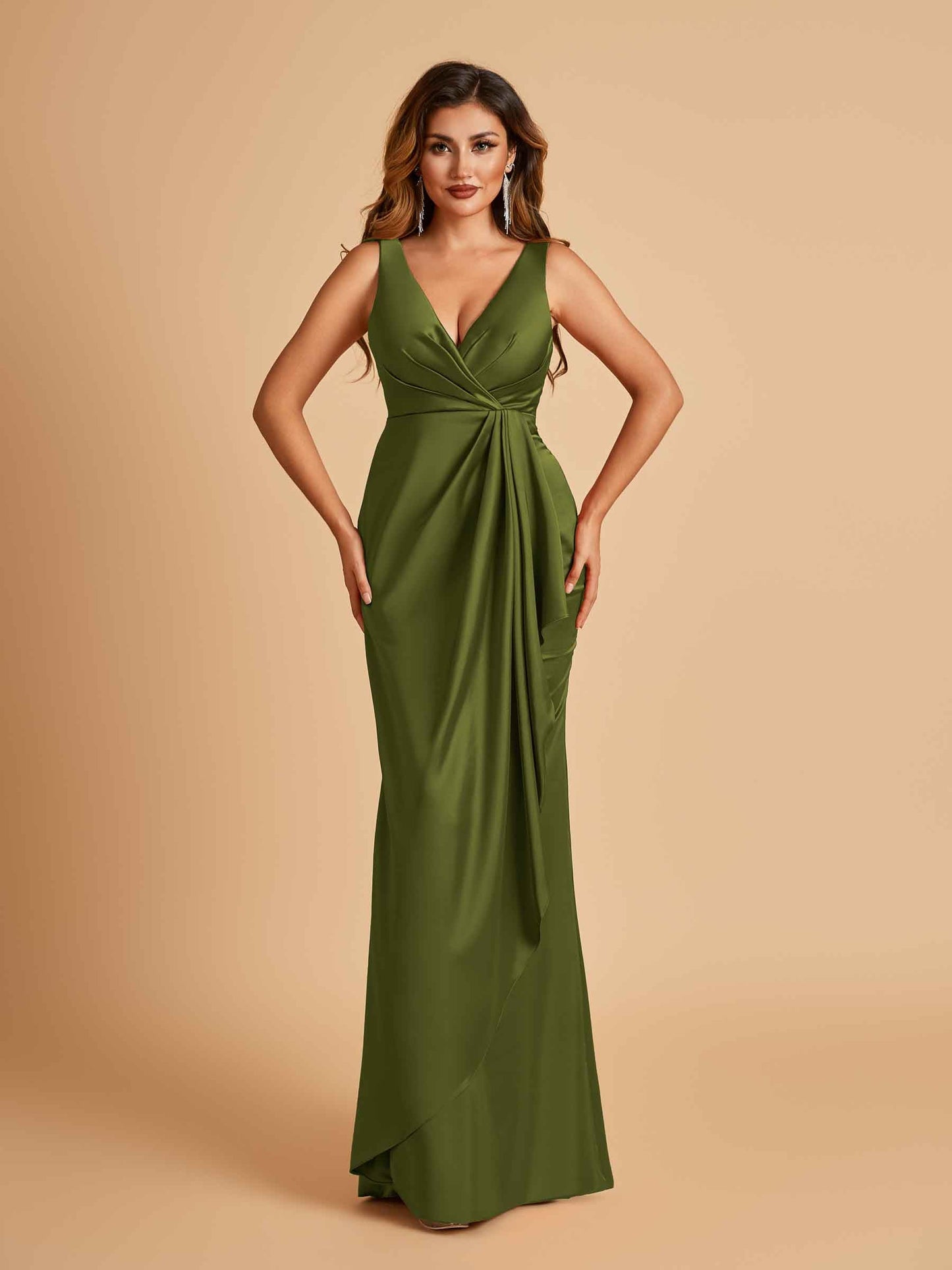 Sexy Satin Sheath V-neck Prom Dresses Strapless Floor Length