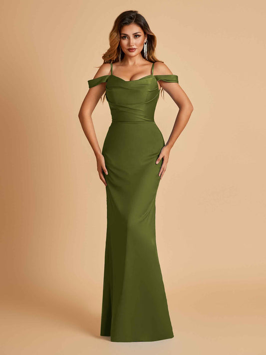 Sexy Off Shoulder Mermaid Long Bridesmaid Dresses Satin Spaghetti Straps Floor Length