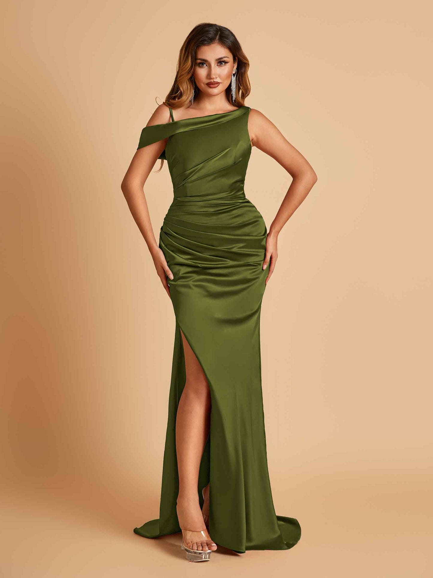 Unique Satin One Shoulder Prom Dresses Side Slit Half Open Back Floor Length