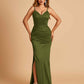 Satin Mermaid Long Bridesmaid Dresses Spaghetti Straps V-neck Side Slit Floor Length For Sale