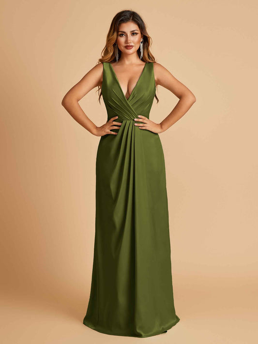 Sexy Satin Deep V-neck Long Prom Dresses A-line Pleats Sleeveless Floor Length