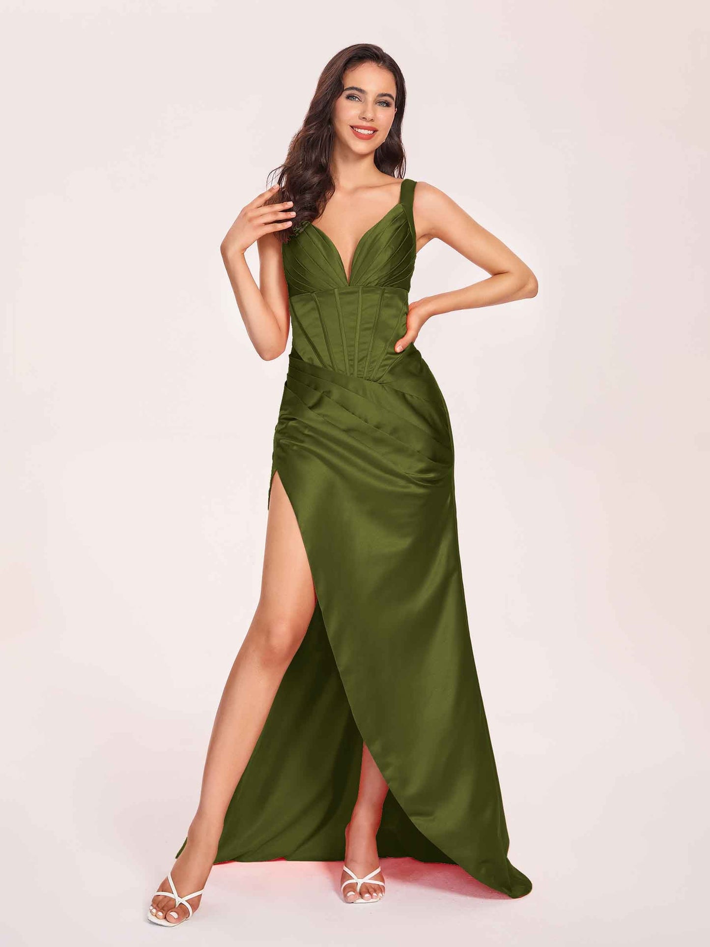 Satin Spaghetti Straps Corset Prom Dresses Pleats Side-Slit Sheath Floor Length
