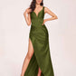 Satin Spaghetti Straps Corset Bridesmaid Dresses Pleats Side-Slit Sheath Floor Length