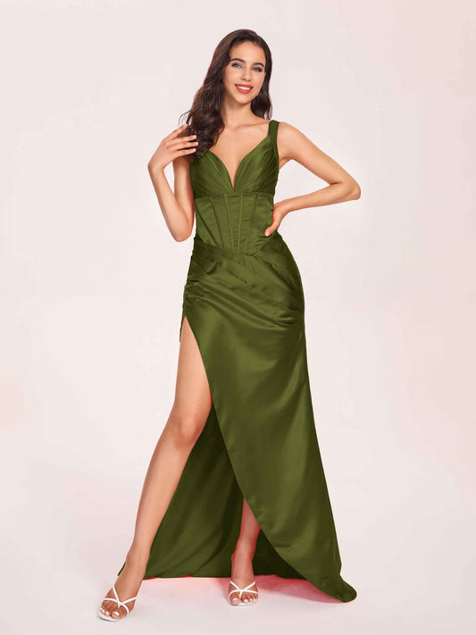 Satin Spaghetti Straps Corset Bridesmaid Dresses Pleats Side-Slit Sheath Floor Length