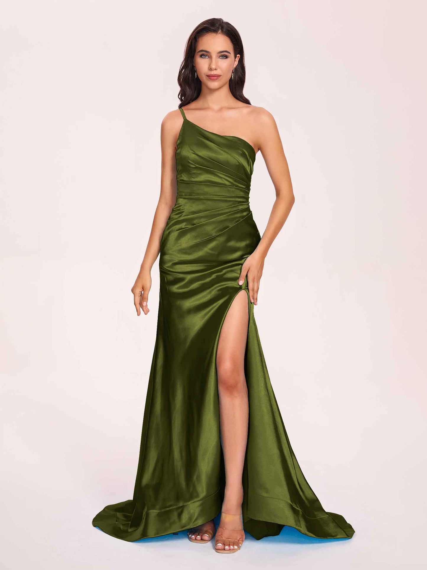 Satin One-shoulder Mermaid Bridesmaid Dresses Side Slit Pleats Floor Length