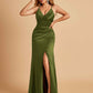 Sexy Satin Sheath Bridesmaid Dresses Spaghetti Straps V-neck Side Slit Pleats Floor Length For Sale