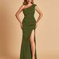 Satin One-shoulder Prom Dresses Mermaid Side Slit Sleeveless Floor Length