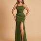 Satin Mermaid Long Bridesmaid Dresses Spaghetti Straps Scoop Side Slit Criss-cross Back